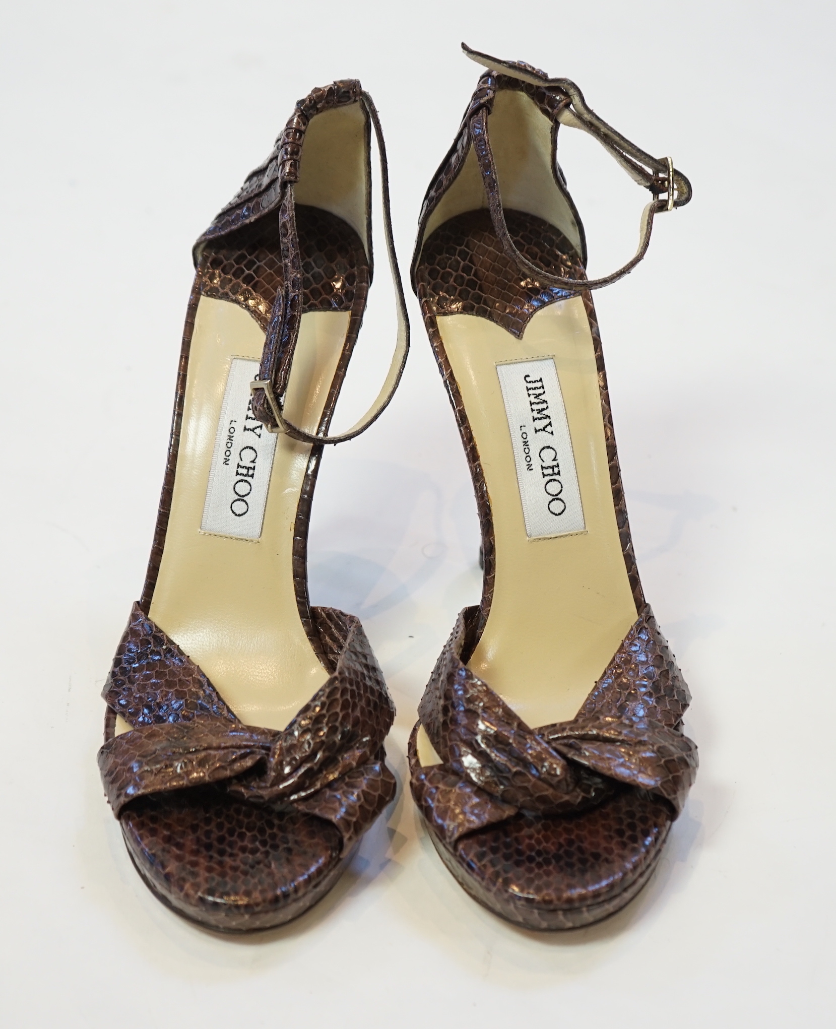 A pair of Jimmy Choo lady's brown snakeskin sandals, size EU 39